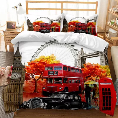  London Bus Ferris Wheel Big Ben Bedding Set Quilt Duvet Cover Set Pillowcase • £29.09