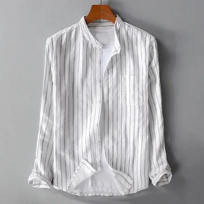 Retro Men Collarless Long Sleeve Striped T-Shirt Grandad Casual Button Down Tops • $20.15