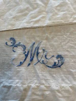 VINTAGE MR & MRS White Standard PILLOWCASE SET HAND EMBROIDERED In Blue • $14