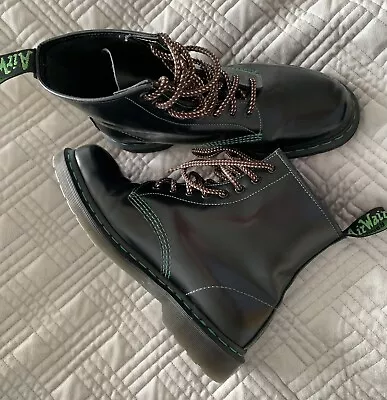 DR  Martens  Airwair Size 10 Black Boots Green Contrast Stitching • £85