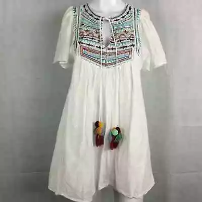 Zara TRF Shirt Womens Sz XS White Cotton Embroidered Tasseled Boho Tunic Top • $24