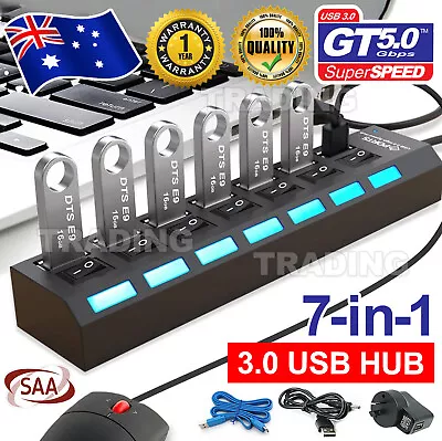 7 Port USB 3.0 HUB Powered +High Speed Splitter Extender PC AC Adapter Cable OZ • $15.85