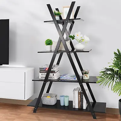 4 Tier Ladder Bookshelf Storage Shelves A Frame Wooden Ladder Open Display Shel • $96.99