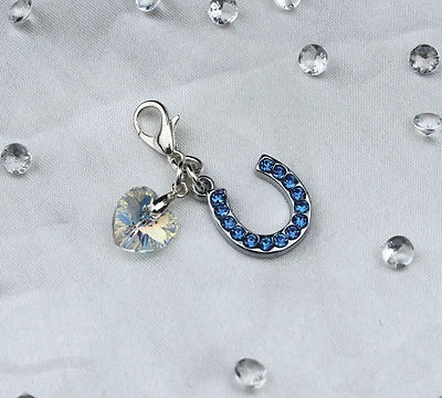 £5.50 • Buy Something Blue Swarovski Element Crystal Heart & Horseshoe Garter/ Bouquet Charm