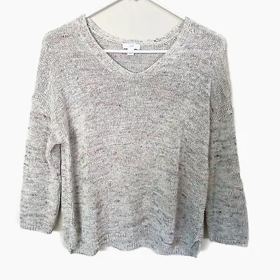 J Jill Linen Blend Knit 3/4 Sleeve Sweater  XS Petite V Neck Speckled Cream • $18