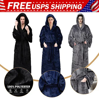 Mens Soft Hooded Bathrobe Long Plush Fleece Bath Robe Warm Gift W/ Hood &Pockets • $21.59