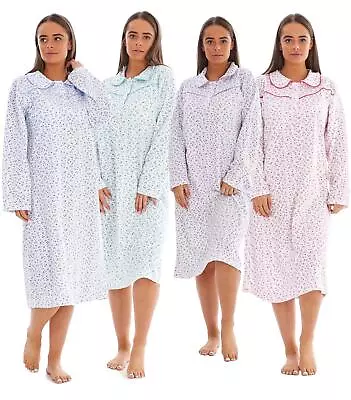 Ladies Winter Nightdress Long Sleeve Collar Floral Print Warm Thermal Nightwear • £13.95