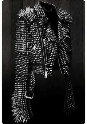 New Men Punk Black Full Long Spiked Studded Brando Style Leather Jacket • $199.99