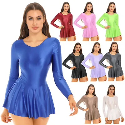 Womens Long Sleeve Skirted Leotard Ballet Dance Dress Glossy  Gymnastic Bodysuit • $16.27