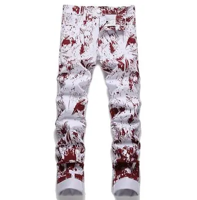 Mens White Cotton Denim Jeans Red Printed Punk Hip Hop Pants Trousers Breathable • $62.99