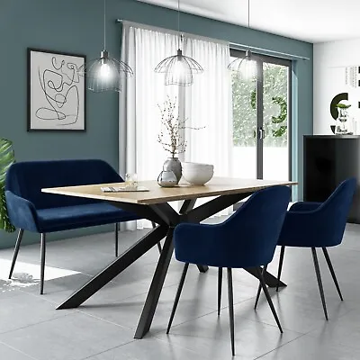 Oak Dining Table Set With 2 Navy Velvet Chairs & 1 Bench - Seat BUN/CRS001/78328 • £729.86