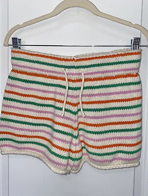 ZARA Crochet Knit Shorts Womens Size Medium Drawstring  100% Cotton Stripes • $24.99