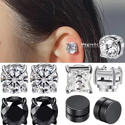 Unisex Diamante Non-Piercing Magnetic Magnet Ear Stud Fake Earrings Men Women UK • £2.99