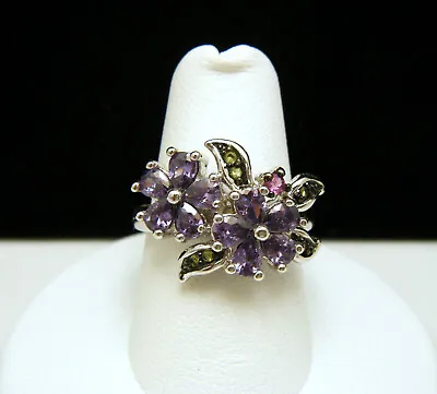 Vintage Purple Rhinestone Flower Ring Sz 7 Non-Adjustable Silver Tone • $37.49