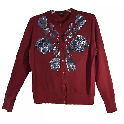 J. Crew Sequin Floral  Jackie  Cardigan Sweater J4839 Dark Red Size L • $59