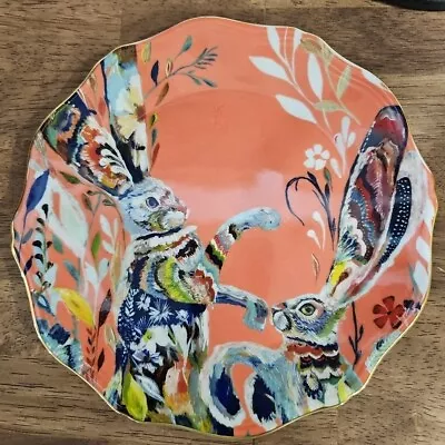 Anthropologie Dancing Hares Salad Plate Starla M Halfmann 8” Bunny Rabbit • $39.99