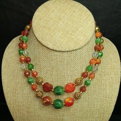 Vintage Jewelry Double Strand Multicolor Lucite Beads AB Crystal Necklaces. 7091 • $16.99