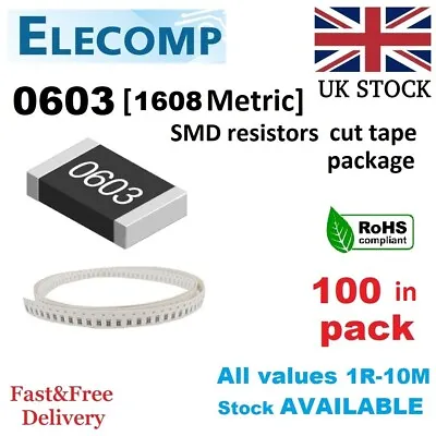 0603 SMD Resistors 1% 5% E24 Range 0 Ohm - 10M Ohm (100 Pack Reel) Free Postage • £2.59