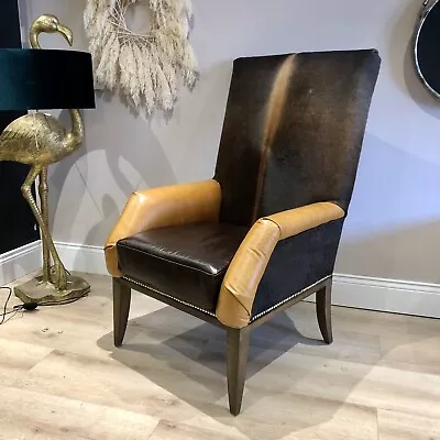 Cowhide & Leather Gentleman’s Arm Accent Chair In Brown & Tan • £995