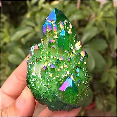 Green Aura Crystal Cluster Angel Titanium Quartz Crystal Rainbow Healing Decor • $15.99