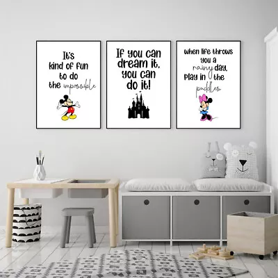 SET OF 3 A4 DISNEY PRINTS. Wall Art Poster Picture Minnie Mickey Kids Quotes • £7.50