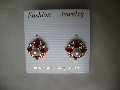 Vintage Fashion Jewelry Faux Pearl Red Marquise & Clear Rhinestone Earrings • $8.50