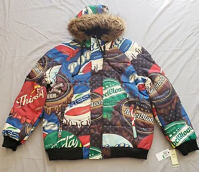 Members Only Soda Pop Print Zip Up Down Puffer Hooded Faux-Fur Jacket Sz XL • $31.48