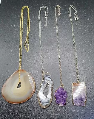 Job Lot X4 Raw Crystal Geode Pendant And Chain Necklaces • £16.90