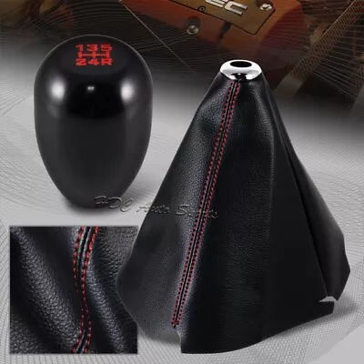 Red Stitch Leather Manual Shift Boot +T-R Black 5-Speed Shifter Knob Universal • $15.99