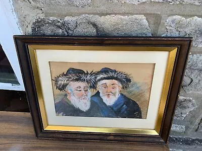 Vintage Original Art Painting Oil Pastel On Board Chassidism Rabbis Framed 19X15 • $26.57