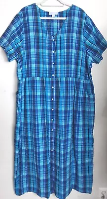 Only Necessities 3X Seersucker Maxi House Dress Mumu Blue Plaid Size 30/32  • $24