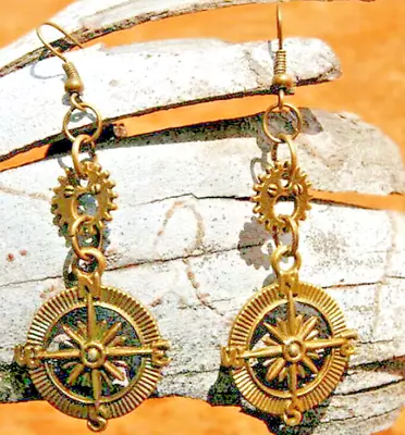 Earrings Jewelry Compass+Gears Bronze Color Mix Metal Dangle Drop Assemblage • $9.50
