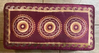 Vtg Purple Upholstered Embroidered Boho Footstool Bench Wood Feet Made In India • $59.78