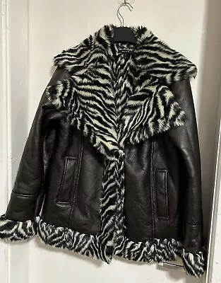 Miss Selfridge Zebra Faux Fur Contrast Aviator Brown Winter Coat Jacket Size 8 • £19.99