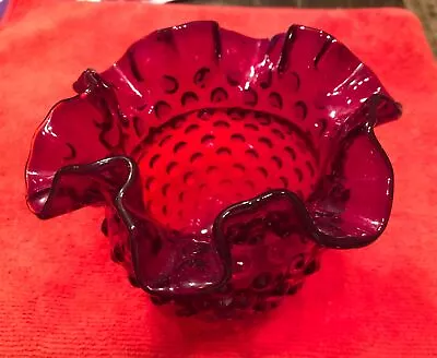 Vintage Fenton Small Cranberry Red Hobnail Ruffled Rim Vase Amberina Base • $17.50