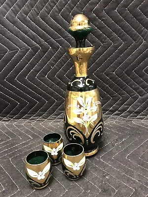 Cezh. Bohemian Moser Style Gold Gilt Moriage Emerald Green Decanter/Cordial Set • $37