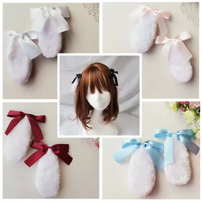 Kawaii Girls Hair Clip Cute Rabbit Lop Ear Hairpin Ribbon Bowknot Lolita CosI4P_ • £5.54