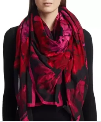 $474.09 • Buy NWT Alexander McQueen $455 Pareo Feather Border Cotton/Silk Scarf, Black / Pink
