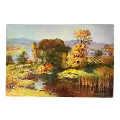 Original Oil Landscape Painting Board Signed Dated Autumn Fall Mountains Marsh • $34.87
