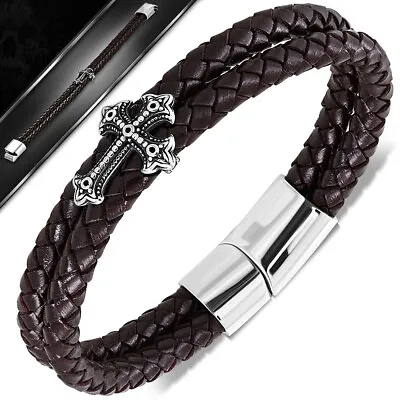Stainless Steel Silver-Tone Braided Brown Leather Cross Cuff Bracelet 8.5  • $19.99