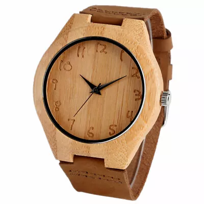 Casual Bamboo Nature Wood Genuine Leather Band Round Analog Mens Wrist Watch • $21.99