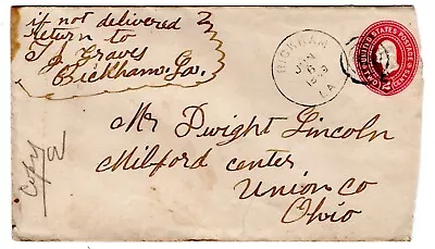 Bickham LA (1892-06 R5)  To Milford Center OH Via Amite City On Postal Entire • $39.50