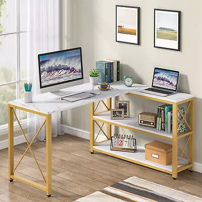 Modern L-Shaped Computer Desk With Storage Shelves Corner Study Writting Table • $153.77