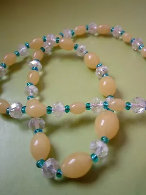 Vintage Vaseline Uranium And Crystal Glass Bead Necklace With Aqua Blue Spacers • £15.99