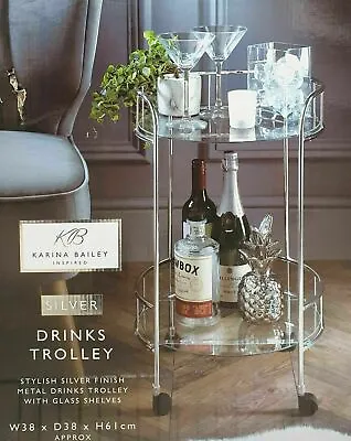 £44.99 • Buy NEW Silver Drinks Trolley With Glass Shelves Mini Bar Cocktail Table Drink Table
