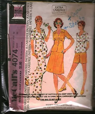 4074 Vintage McCalls SEWING Pattern Misses 1970s Two Piece Dress Top Pants Short • $5.59