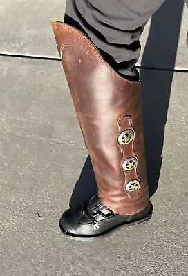 Custom Brown Leather Motorcycle Riding Half Chaps Texas Star Tandy Full Zip • $179.99