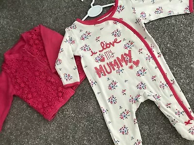 Baby Girl I Love Mummy Floral BabyGrow All In One & Cardigan 0-3 Months  • £4.80