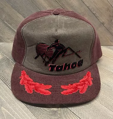 Vintage Lake Tahoe Skiing Brown Red Black Corduroy SnapBack Trucker Hat Cap • $10.50