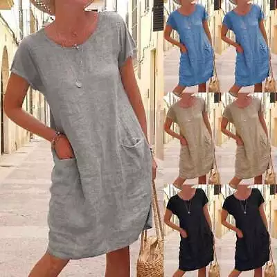Womens Summer Cotton Linen Midi Dress Ladies Casual Loose Pocket Shirt Dress US • $20.19